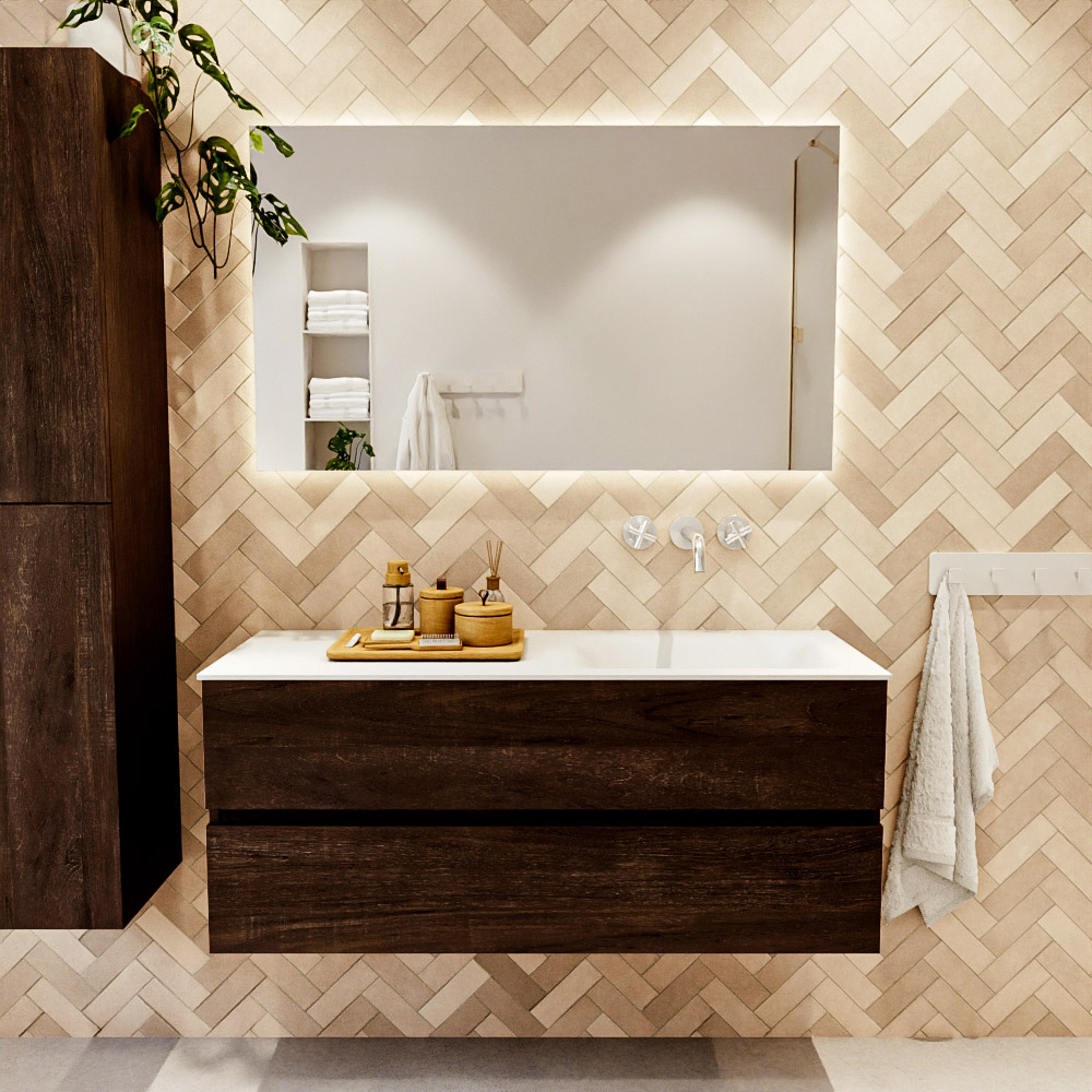 MONDIAZ VICA 120cm mueble de baño Dark Brown 2 cajones. Lavabo CLOUD Derecho sin orificio color Talc con espejo LED. 2 MONDIAZ VICA 120cm mueble de baño Dark Brown 2 cajones. Lavabo CLOUD Derecho sin orificio color Talc con espejo LED. - Imagen 2