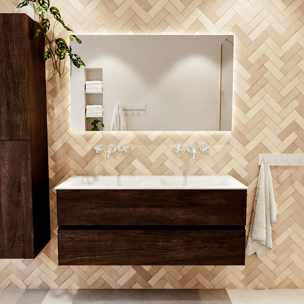 MONDIAZ VICA 120cm mueble de baño Dark Brown 2 cajones. Lavabo CLOUD Doble sin orificio color Talc con espejo LED. 2 MONDIAZ VICA 120cm mueble de baño Dark Brown 2 cajones. Lavabo CLOUD Doble sin orificio color Talc con espejo LED. - Imagen 2