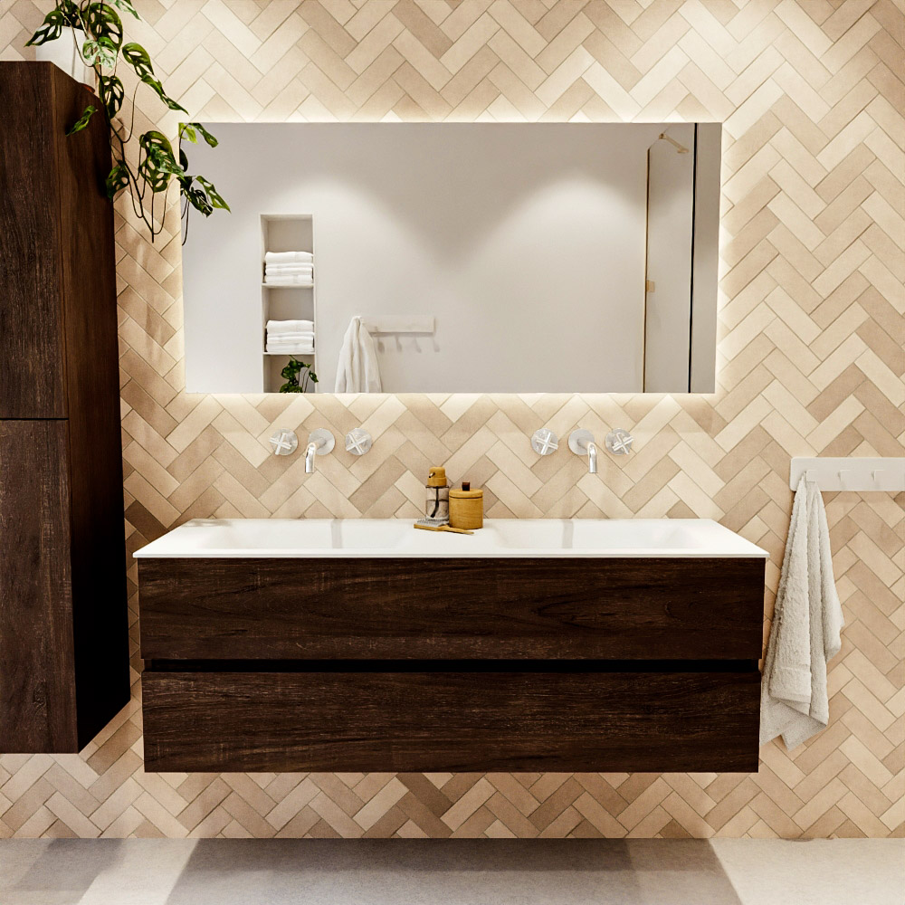 MONDIAZ VICA 140cm mueble de baño Dark Brown 2 cajones. Lavabo CLOUD Doble sin orificio color Talc con espejo LED. 2 MONDIAZ VICA 140cm mueble de baño Dark Brown 2 cajones. Lavabo CLOUD Doble sin orificio color Talc con espejo LED. - Imagen 2