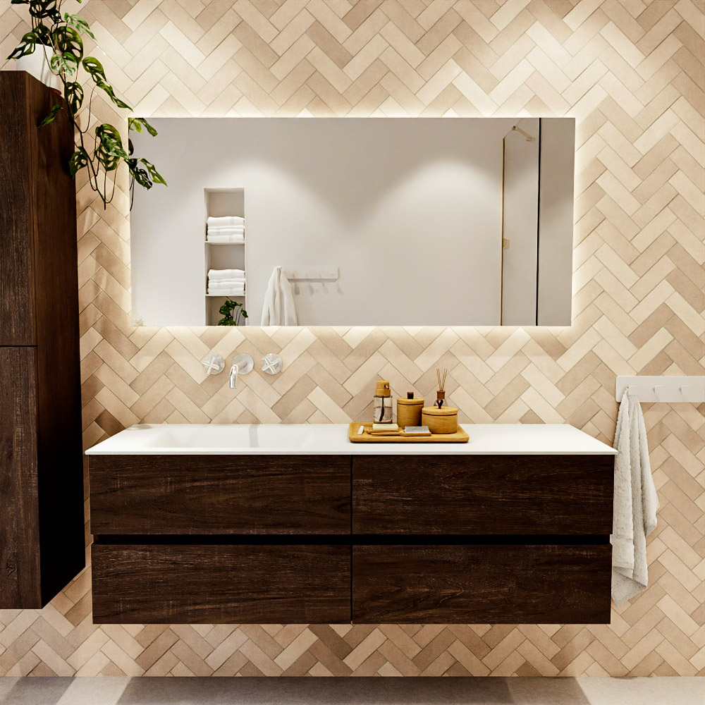 MONDIAZ VICA 150cm mueble de baño Dark Brown 4 cajones. Lavabo CLOUD Izquierda sin orificio color Talc con espejo LED. 2 MONDIAZ VICA 150cm mueble de baño Dark Brown 4 cajones. Lavabo CLOUD Izquierda sin orificio color Talc con espejo LED. - Imagen 2