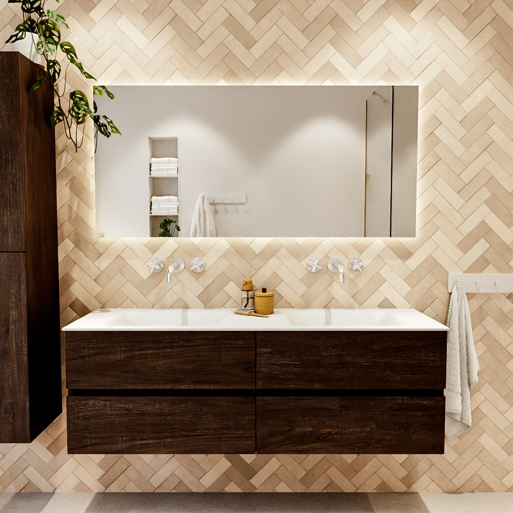 MONDIAZ VICA 150cm mueble de baño Dark Brown 4 cajones. Lavabo CLOUD Doble sin orificio color Talc con espejo LED. 2 MONDIAZ VICA 150cm mueble de baño Dark Brown 4 cajones. Lavabo CLOUD Doble sin orificio color Talc con espejo LED. - Imagen 2