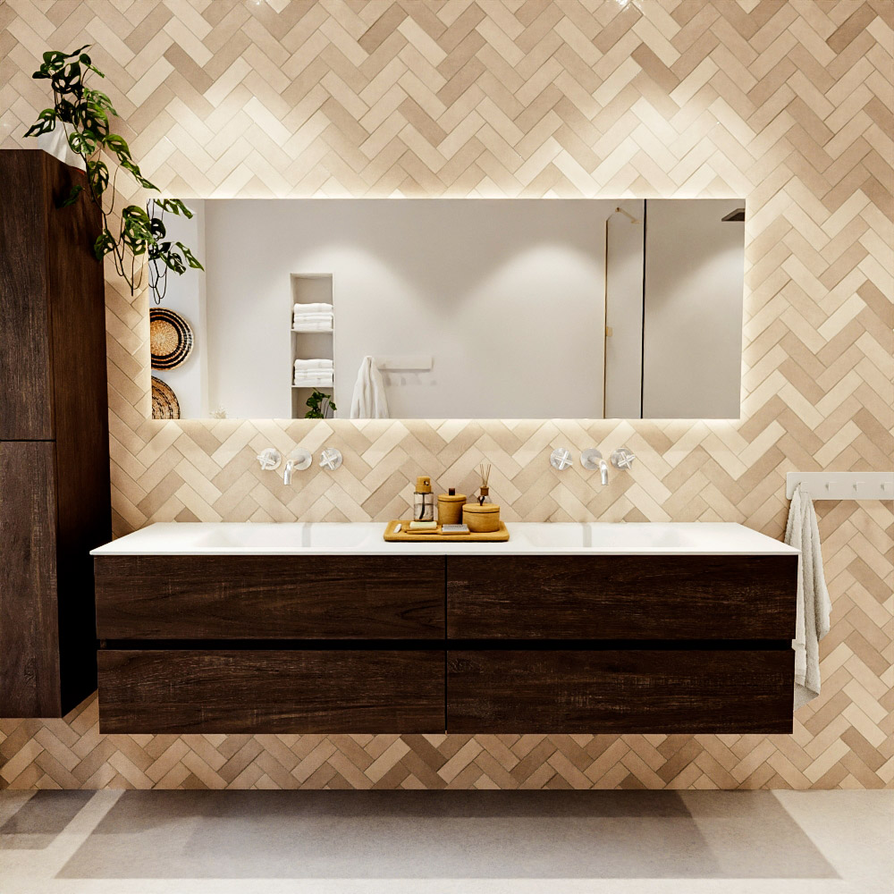 MONDIAZ VICA 190cm mueble de baño Dark Brown 4 cajones. Lavabo CLOUD Doble sin orificio color Talc con espejo LED. 2 MONDIAZ VICA 190cm mueble de baño Dark Brown 4 cajones. Lavabo CLOUD Doble sin orificio color Talc con espejo LED. - Imagen 2