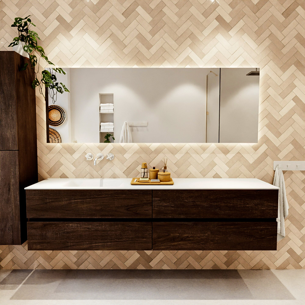 MONDIAZ VICA 200cm mueble de baño Dark Brown 4 cajones. Lavabo CLOUD Izquierda sin orificio color Talc con espejo LED. 2 MONDIAZ VICA 200cm mueble de baño Dark Brown 4 cajones. Lavabo CLOUD Izquierda sin orificio color Talc con espejo LED. - Imagen 2