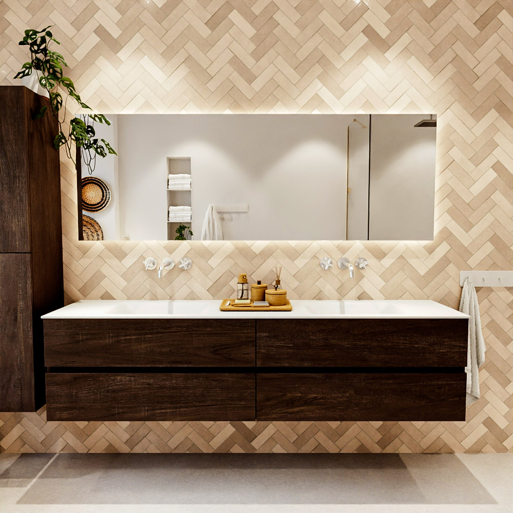 MONDIAZ VICA 200cm mueble de baño Dark Brown 4 cajones. Lavabo CLOUD Doble sin orificio color Talc con espejo LED. 2 MONDIAZ VICA 200cm mueble de baño Dark Brown 4 cajones. Lavabo CLOUD Doble sin orificio color Talc con espejo LED. - Imagen 2