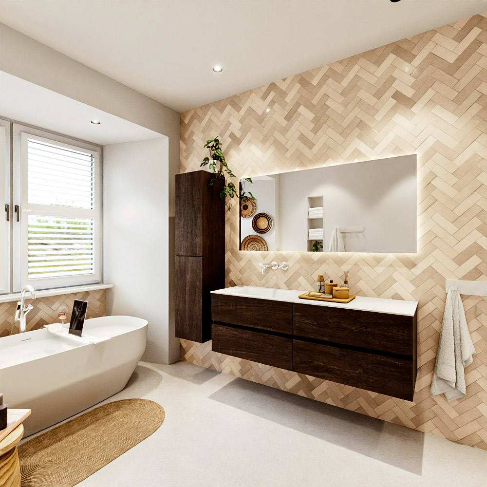 MONDIAZ VICA 150cm mueble de baño Dark Brown 4 cajones. Lavabo CLOUD Izquierda sin orificio color Talc con espejo LED. 4 MONDIAZ VICA 150cm mueble de baño Dark Brown 4 cajones. Lavabo CLOUD Izquierda sin orificio color Talc con espejo LED. - Imagen 4