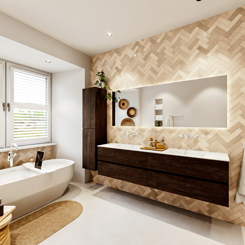 MONDIAZ VICA 190cm mueble de baño Dark Brown 4 cajones. Lavabo CLOUD Doble sin orificio color Talc con espejo LED. 4 MONDIAZ VICA 190cm mueble de baño Dark Brown 4 cajones. Lavabo CLOUD Doble sin orificio color Talc con espejo LED. - Imagen 4
