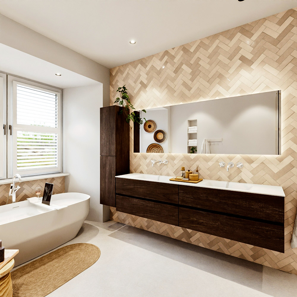 MONDIAZ VICA 200cm mueble de baño Dark Brown 4 cajones. Lavabo CLOUD Doble sin orificio color Talc con espejo LED. 4 MONDIAZ VICA 200cm mueble de baño Dark Brown 4 cajones. Lavabo CLOUD Doble sin orificio color Talc con espejo LED. - Imagen 4