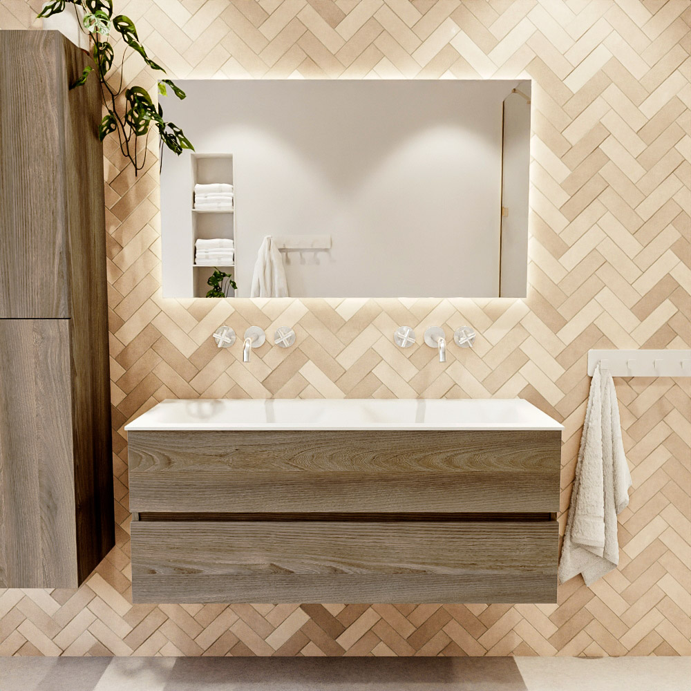 MONDIAZ VICA 120cm mueble de baño Dark Brown Grey 2 cajones. Lavabo CLOUD Doble sin orificio color Talc con espejo LED. 2 MONDIAZ VICA 120cm mueble de baño Dark Brown Grey 2 cajones. Lavabo CLOUD Doble sin orificio color Talc con espejo LED. - Imagen 2