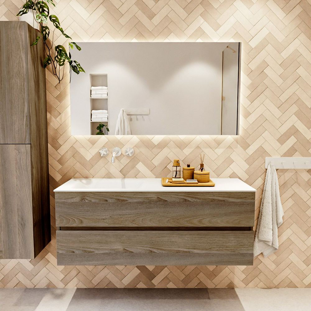 MONDIAZ VICA 130cm mueble de baño Dark Brown Grey 2 cajones. Lavabo CLOUD Izquierda sin orificio color Talc con espejo LED. 2 MONDIAZ VICA 130cm mueble de baño Dark Brown Grey 2 cajones. Lavabo CLOUD Izquierda sin orificio color Talc con espejo LED. - Imagen 2