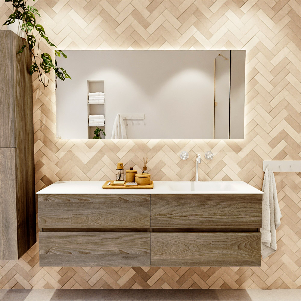 MONDIAZ VICA 150cm mueble de baño Dark Brown Grey 4 cajones. Lavabo CLOUD Derecho 1 orificio color Talc con espejo LED. 2 MONDIAZ VICA 150cm mueble de baño Dark Brown Grey 4 cajones. Lavabo CLOUD Derecho 1 orificio color Talc con espejo LED. - Imagen 2