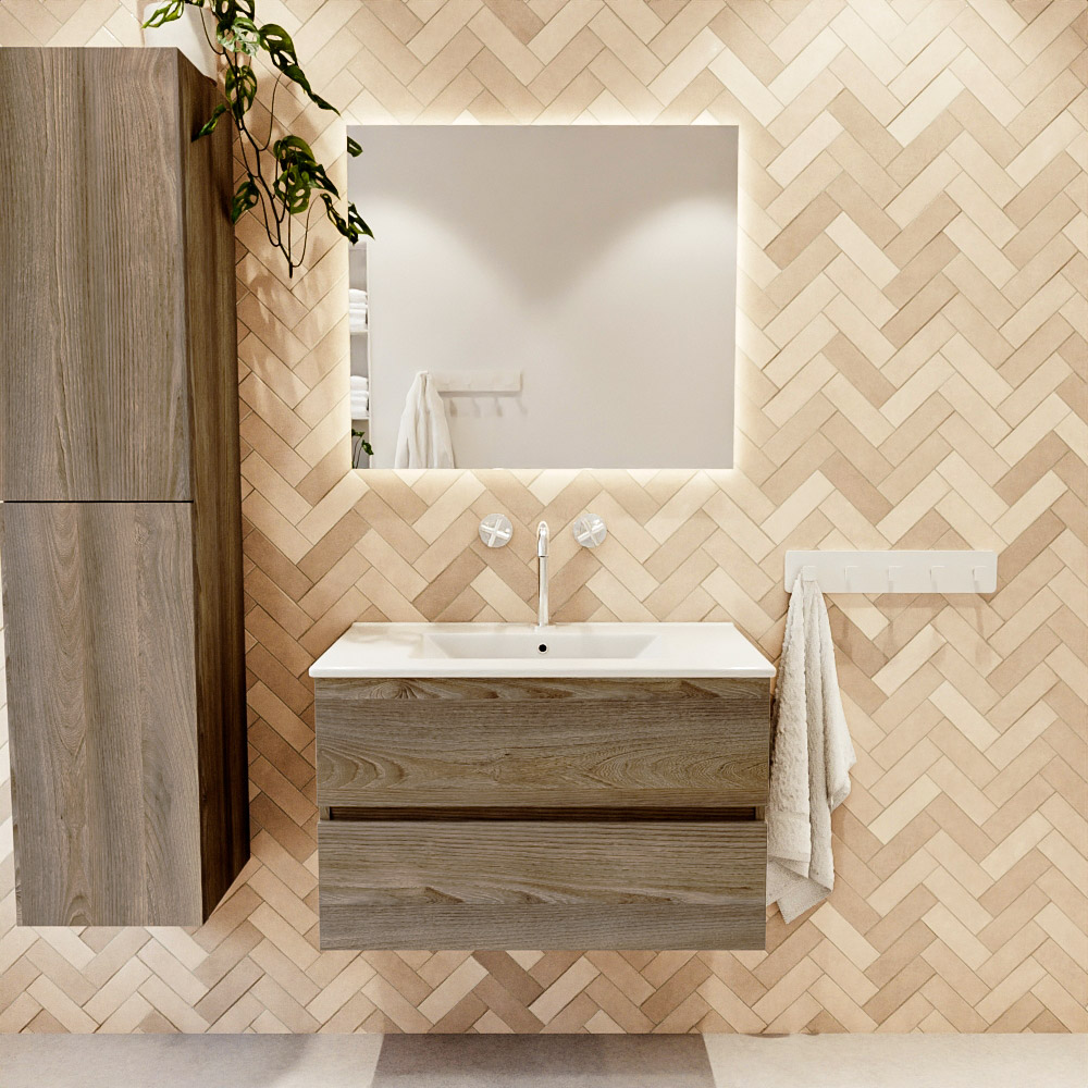 MONDIAZ VICA 80cm mueble de baño Dark Brown Grey 2 cajones. Lavabo DENIA Centro 1 orificio, color Blanco brillo. 2 color Blanco brillo.