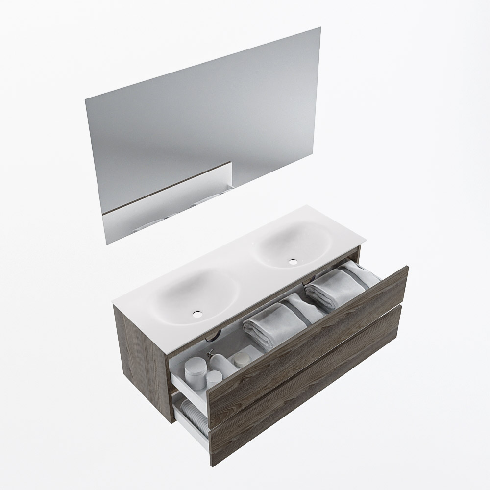MONDIAZ VICA 130cm mueble de baño Dark Brown Grey 2 cajones. Lavabo MOON Doble 2 orificios color Talc con espejo LED. 6 MONDIAZ VICA 130cm mueble de baño Dark Brown Grey 2 cajones. Lavabo MOON Doble 2 orificios color Talc con espejo LED. - Imagen 7