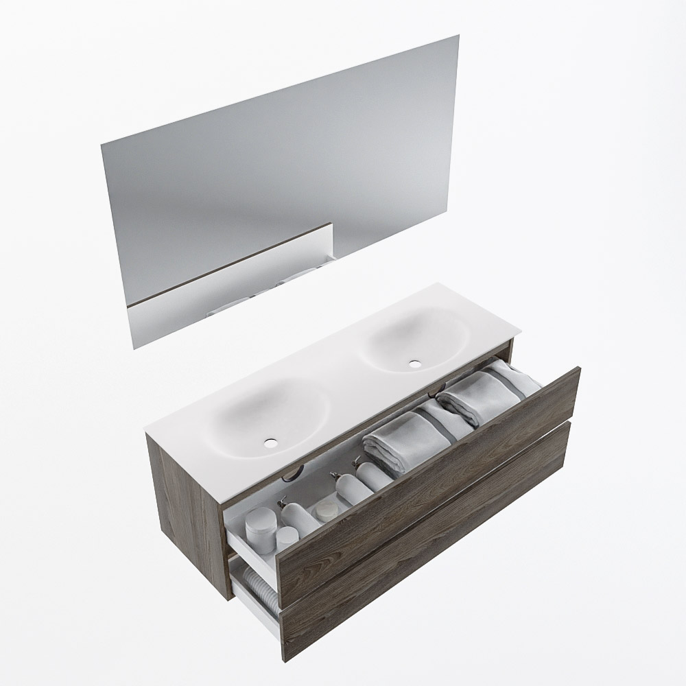 MONDIAZ VICA 140cm mueble de baño Dark Brown Grey 2 cajones. Lavabo MOON Doble 2 orificios color Talc con espejo LED. 7 MONDIAZ VICA 140cm mueble de baño Dark Brown Grey 2 cajones. Lavabo MOON Doble 2 orificios color Talc con espejo LED. - Imagen 7