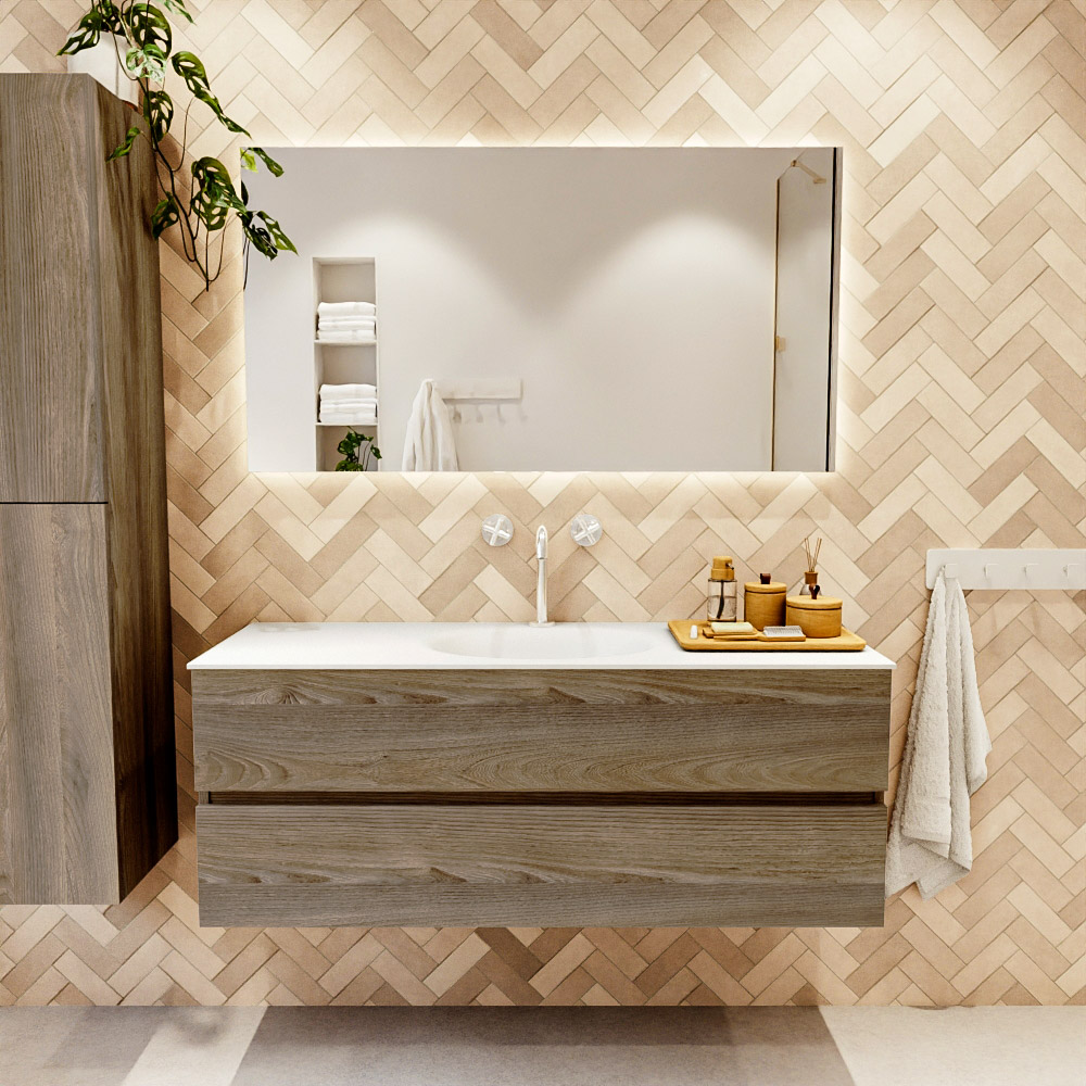 MONDIAZ VICA 130cm mueble de baño Dark Brown Grey 2 cajones. Lavabo MOON Centro 1 orificio color Talc con espejo LED. 2 MONDIAZ VICA 130cm mueble de baño Dark Brown Grey 2 cajones. Lavabo MOON Centro 1 orificio color Talc con espejo LED. - Imagen 2