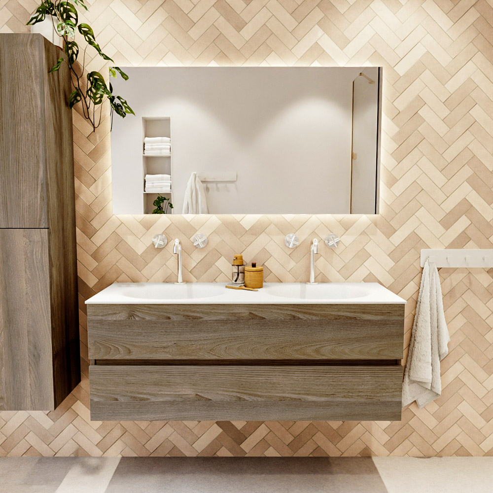 MONDIAZ VICA 130cm mueble de baño Dark Brown Grey 2 cajones. Lavabo MOON Doble 2 orificios color Talc con espejo LED. 2 MONDIAZ VICA 130cm mueble de baño Dark Brown Grey 2 cajones. Lavabo MOON Doble 2 orificios color Talc con espejo LED. - Imagen 2