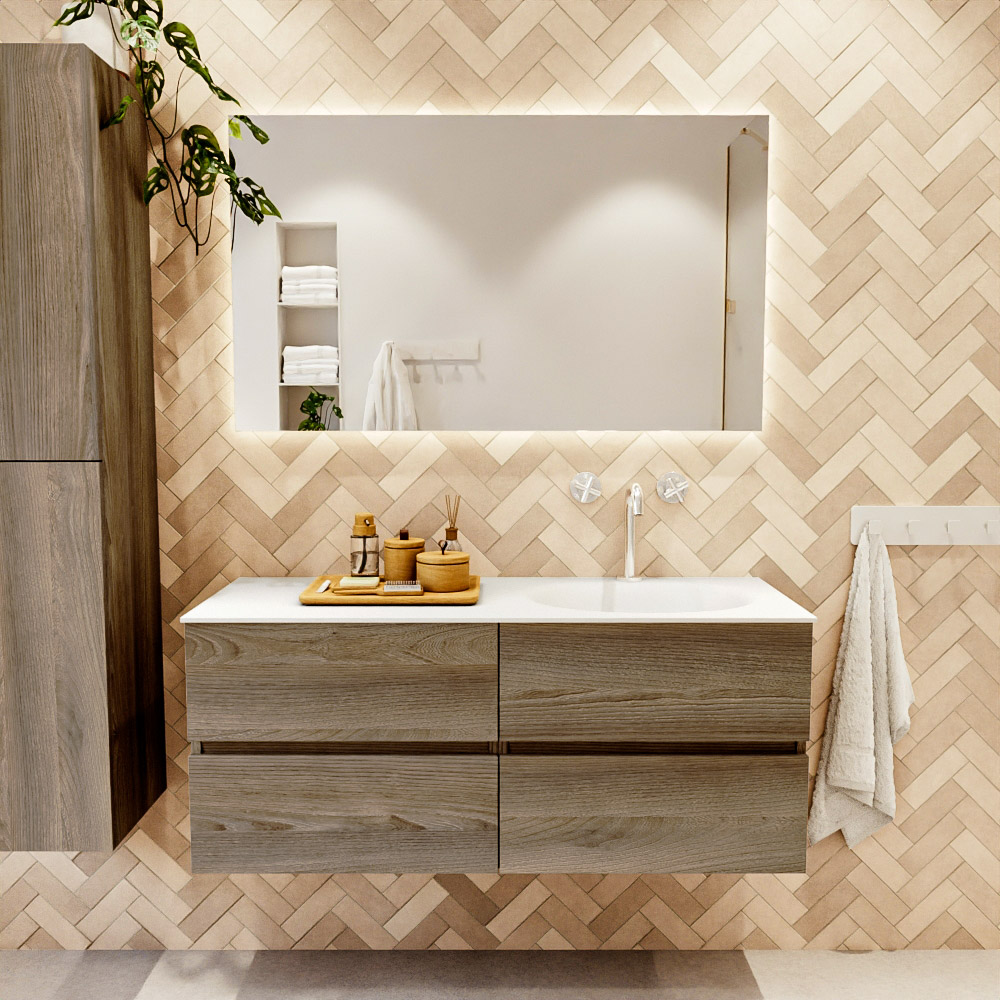 MONDIAZ VICA 120cm mueble de baño Dark Brown Grey 4 cajones. Lavabo MOON Derecho 1 orificio color Talc con espejo LED. 2 MONDIAZ VICA 120cm mueble de baño Dark Brown Grey 4 cajones. Lavabo MOON Derecho 1 orificio color Talc con espejo LED. - Imagen 2