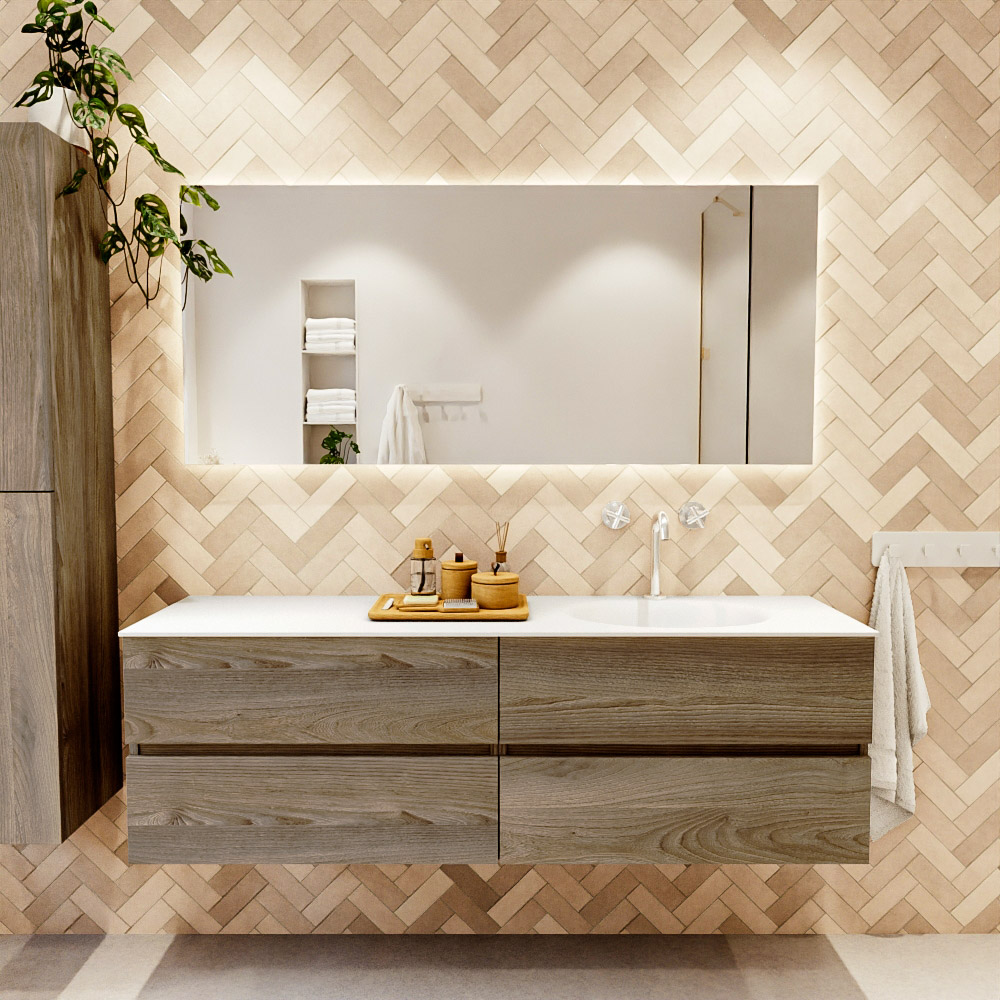 MONDIAZ VICA 160cm mueble de baño Dark Brown Grey 4 cajones. Lavabo MOON Derecho 1 orificio color Talc con espejo LED. 2 MONDIAZ VICA 160cm mueble de baño Dark Brown Grey 4 cajones. Lavabo MOON Derecho 1 orificio color Talc con espejo LED. - Imagen 2