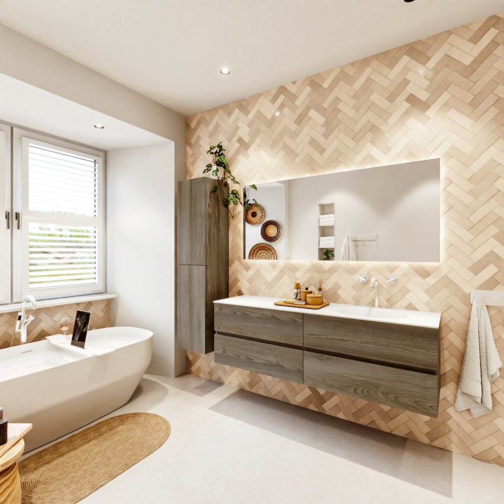 MONDIAZ VICA 160cm mueble de baño Dark Brown Grey 4 cajones. Lavabo MOON Derecho 1 orificio color Talc con espejo LED. 4 MONDIAZ VICA 160cm mueble de baño Dark Brown Grey 4 cajones. Lavabo MOON Derecho 1 orificio color Talc con espejo LED. - Imagen 4