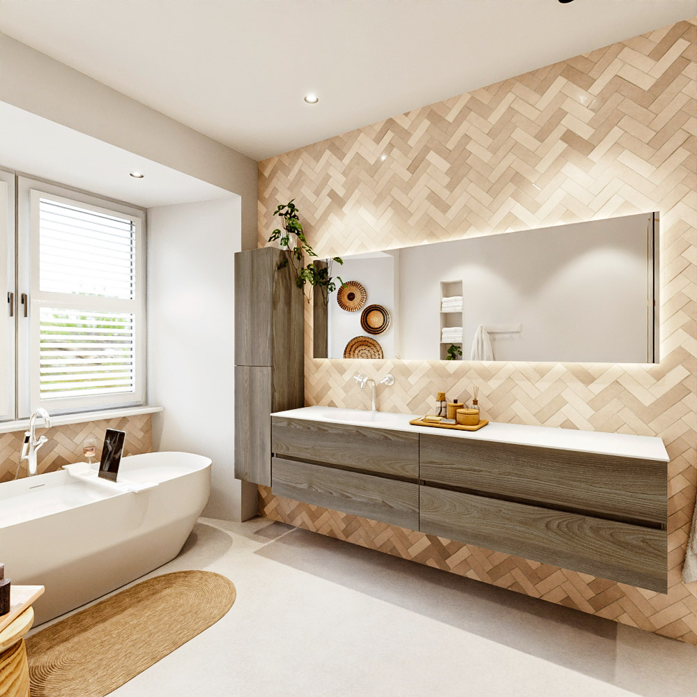MONDIAZ VICA 200cm mueble de baño Dark Brown Grey 4 cajones. Lavabo MOON Izquierda 1 orificio color Talc con espejo LED. 4 MONDIAZ VICA 200cm mueble de baño Dark Brown Grey 4 cajones. Lavabo MOON Izquierda 1 orificio color Talc con espejo LED. - Imagen 4