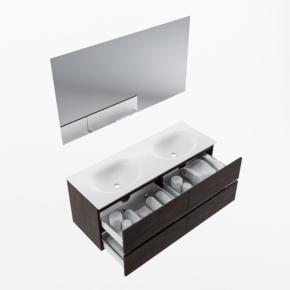 MONDIAZ VICA 130cm mueble de baño Dark Brown 4 cajones. Lavabo MOON Doble sin orificio color Talc con espejo LED. 7 MONDIAZ VICA 130cm mueble de baño Dark Brown 4 cajones. Lavabo MOON Doble sin orificio color Talc con espejo LED. - Imagen 7