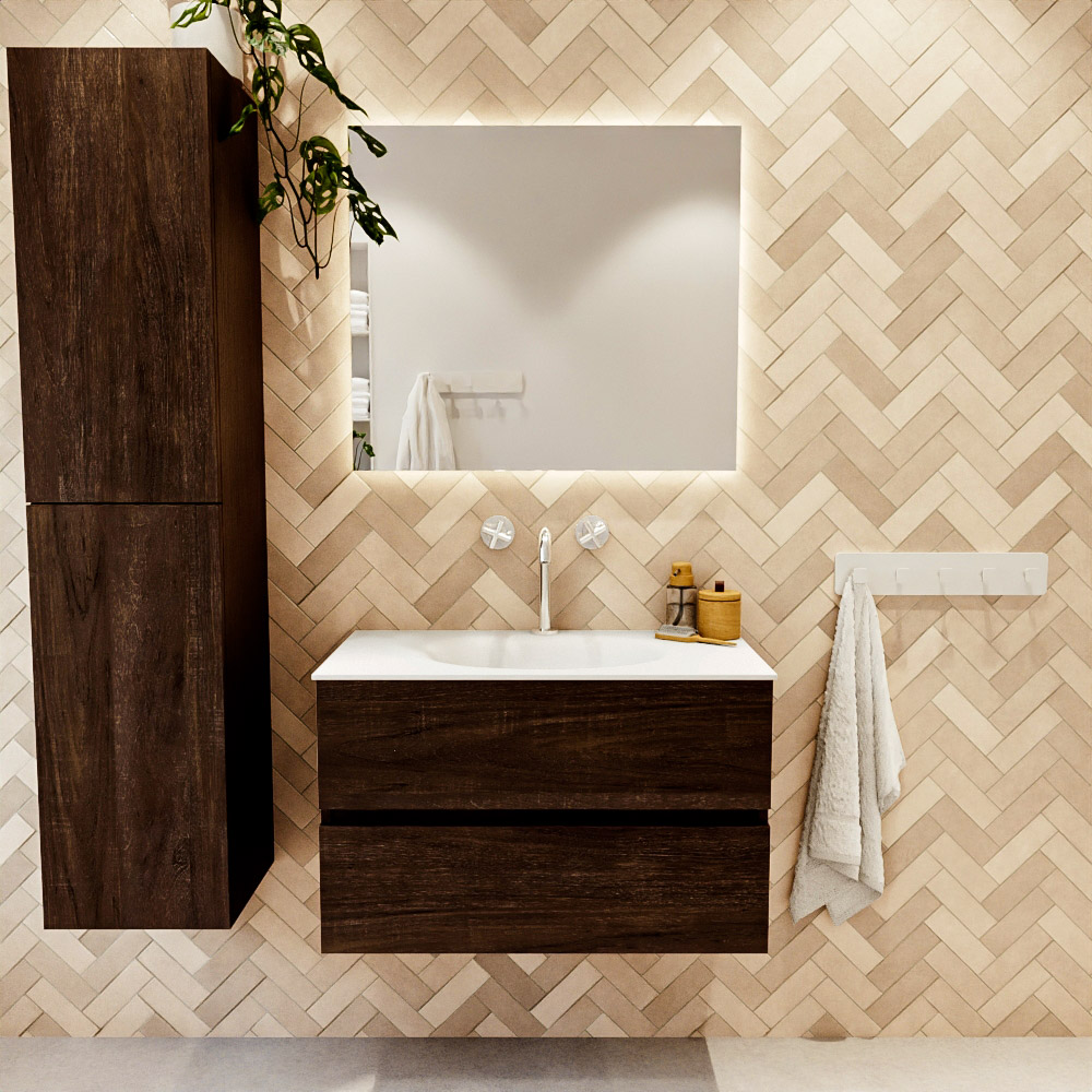 MONDIAZ VICA 80cm mueble de baño Dark Brown 2 cajones. Lavabo MOON Centro 1 orificio color Talc con espejo LED. 2 MONDIAZ VICA 80cm mueble de baño Dark Brown 2 cajones. Lavabo MOON Centro 1 orificio color Talc con espejo LED. - Imagen 2