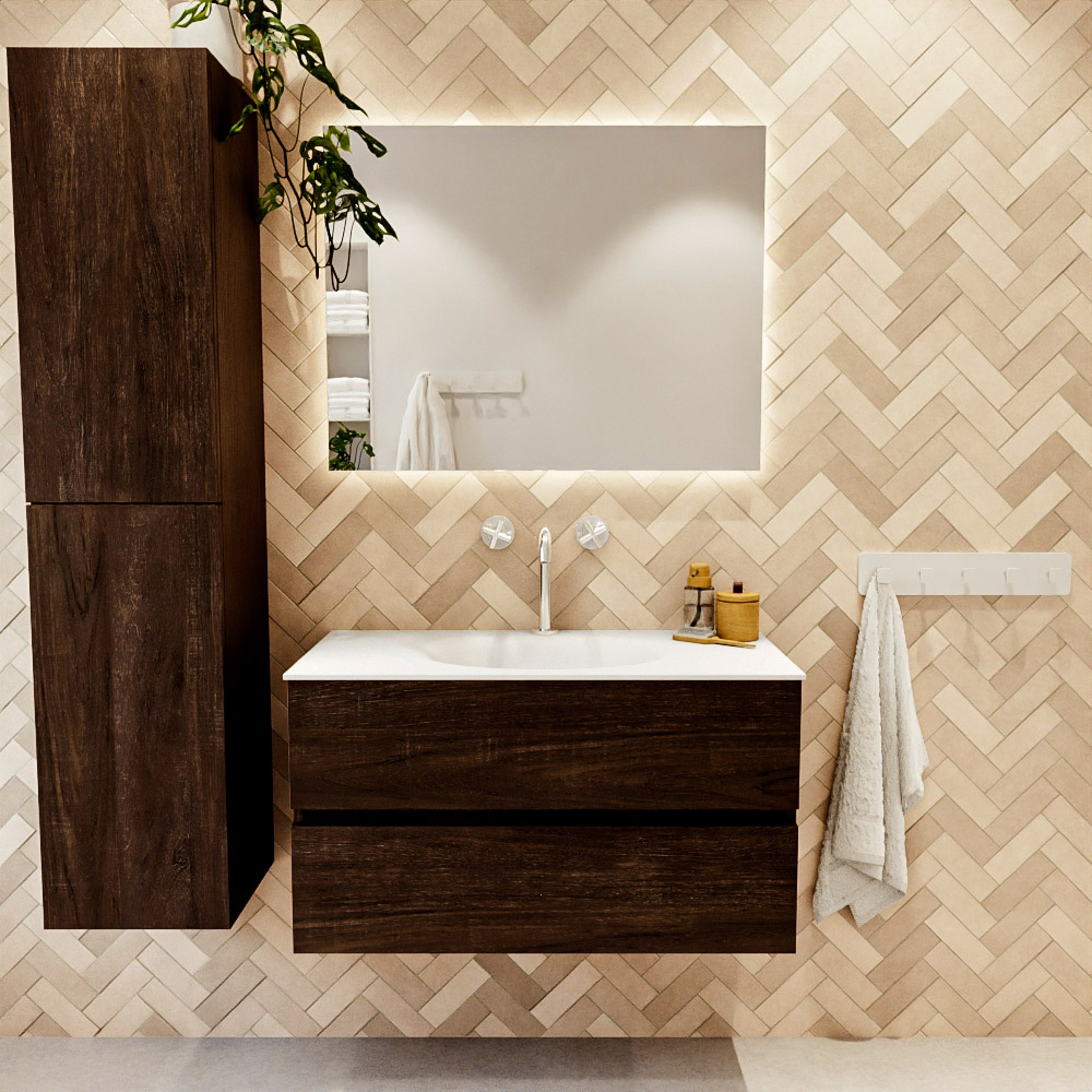 MONDIAZ VICA 90cm mueble de baño Dark Brown 2 cajones. Lavabo MOON Centro 1 orificio color Talc con espejo LED. 2 MONDIAZ VICA 90cm mueble de baño Dark Brown 2 cajones. Lavabo MOON Centro 1 orificio color Talc con espejo LED. - Imagen 2