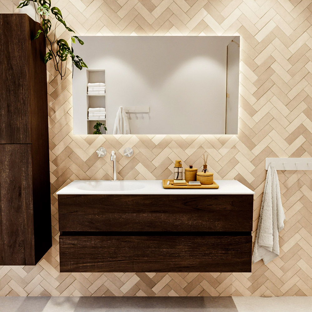MONDIAZ VICA 120cm mueble de baño Dark Brown 2 cajones. Lavabo MOON Izquierda 1 orificio color Talc con espejo LED. 2 MONDIAZ VICA 120cm mueble de baño Dark Brown 2 cajones. Lavabo MOON Izquierda 1 orificio color Talc con espejo LED. - Imagen 2