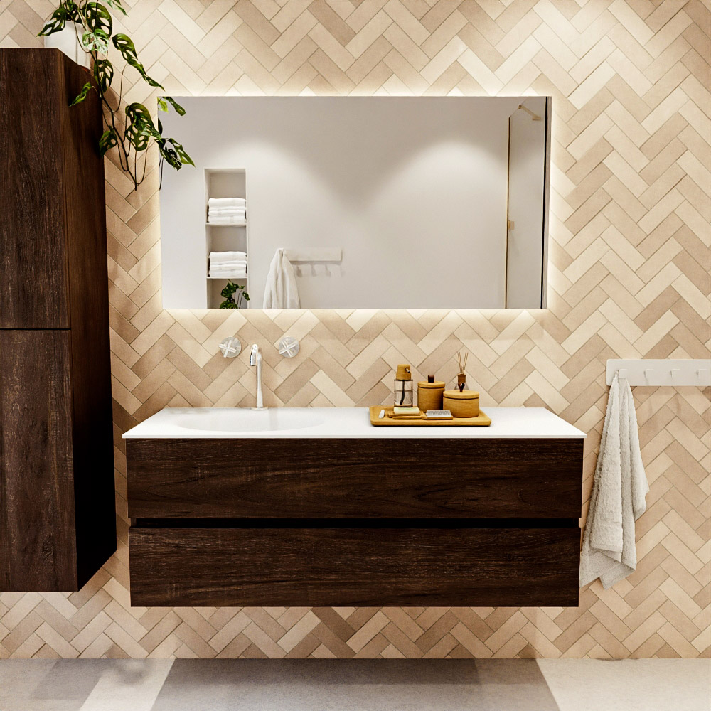 MONDIAZ VICA 130cm mueble de baño Dark Brown 2 cajones. Lavabo MOON Izquierda 1 orificio color Talc con espejo LED. 2 MONDIAZ VICA 130cm mueble de baño Dark Brown 2 cajones. Lavabo MOON Izquierda 1 orificio color Talc con espejo LED. - Imagen 2