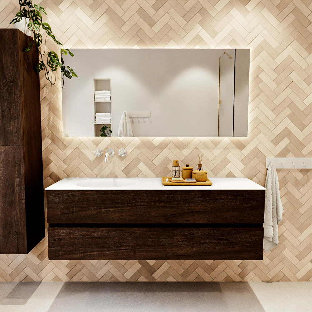 MONDIAZ VICA 150cm mueble de baño Dark Brown 2 cajones. Lavabo MOON Izquierda sin orificio color Talc con espejo LED. 2 MONDIAZ VICA 150cm mueble de baño Dark Brown 2 cajones. Lavabo MOON Izquierda sin orificio color Talc con espejo LED. - Imagen 2