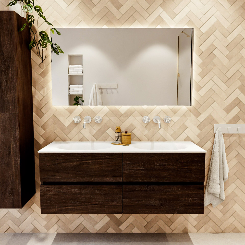 MONDIAZ VICA 130cm mueble de baño Dark Brown 4 cajones. Lavabo MOON Doble sin orificio color Talc con espejo LED. 2 MONDIAZ VICA 130cm mueble de baño Dark Brown 4 cajones. Lavabo MOON Doble sin orificio color Talc con espejo LED. - Imagen 2