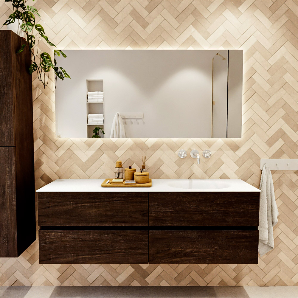 MONDIAZ VICA 150cm mueble de baño Dark Brown 4 cajones. Lavabo MOON Derecho sin orificio color Talc con espejo LED. 2 MONDIAZ VICA 150cm mueble de baño Dark Brown 4 cajones. Lavabo MOON Derecho sin orificio color Talc con espejo LED. - Imagen 2