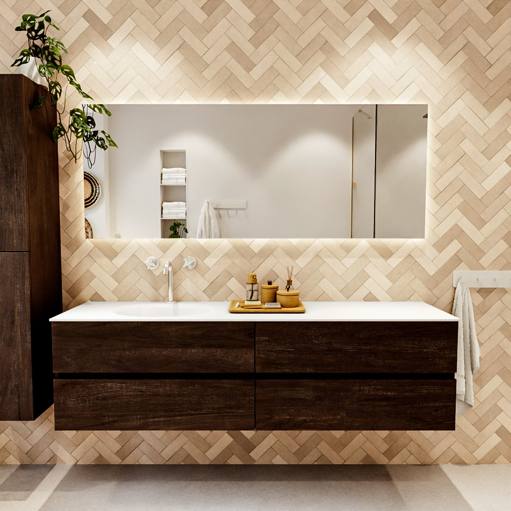 MONDIAZ VICA 180cm mueble de baño Dark Brown 4 cajones. Lavabo MOON Izquierda 1 orificio color Talc con espejo LED. 2 MONDIAZ VICA 180cm mueble de baño Dark Brown 4 cajones. Lavabo MOON Izquierda 1 orificio color Talc con espejo LED. - Imagen 2