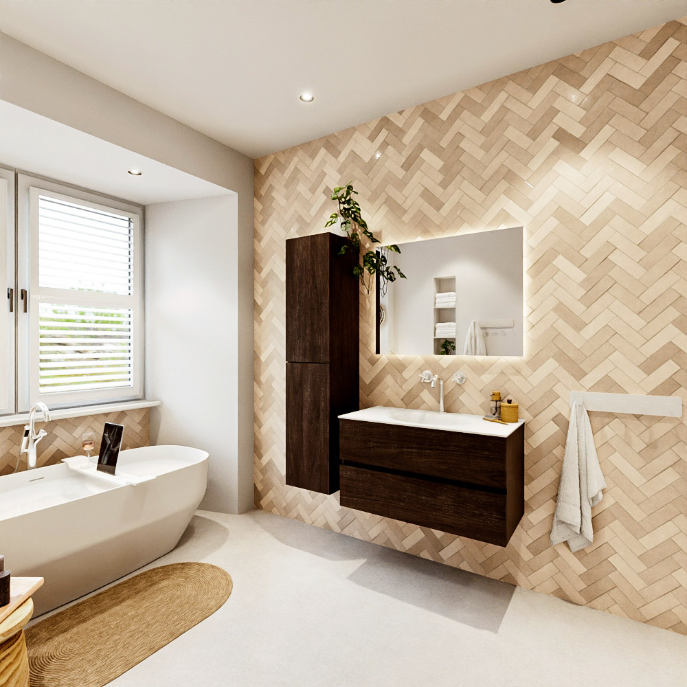MONDIAZ VICA 90cm mueble de baño Dark Brown 2 cajones. Lavabo MOON Centro 1 orificio color Talc con espejo LED. 4 MONDIAZ VICA 90cm mueble de baño Dark Brown 2 cajones. Lavabo MOON Centro 1 orificio color Talc con espejo LED. - Imagen 4