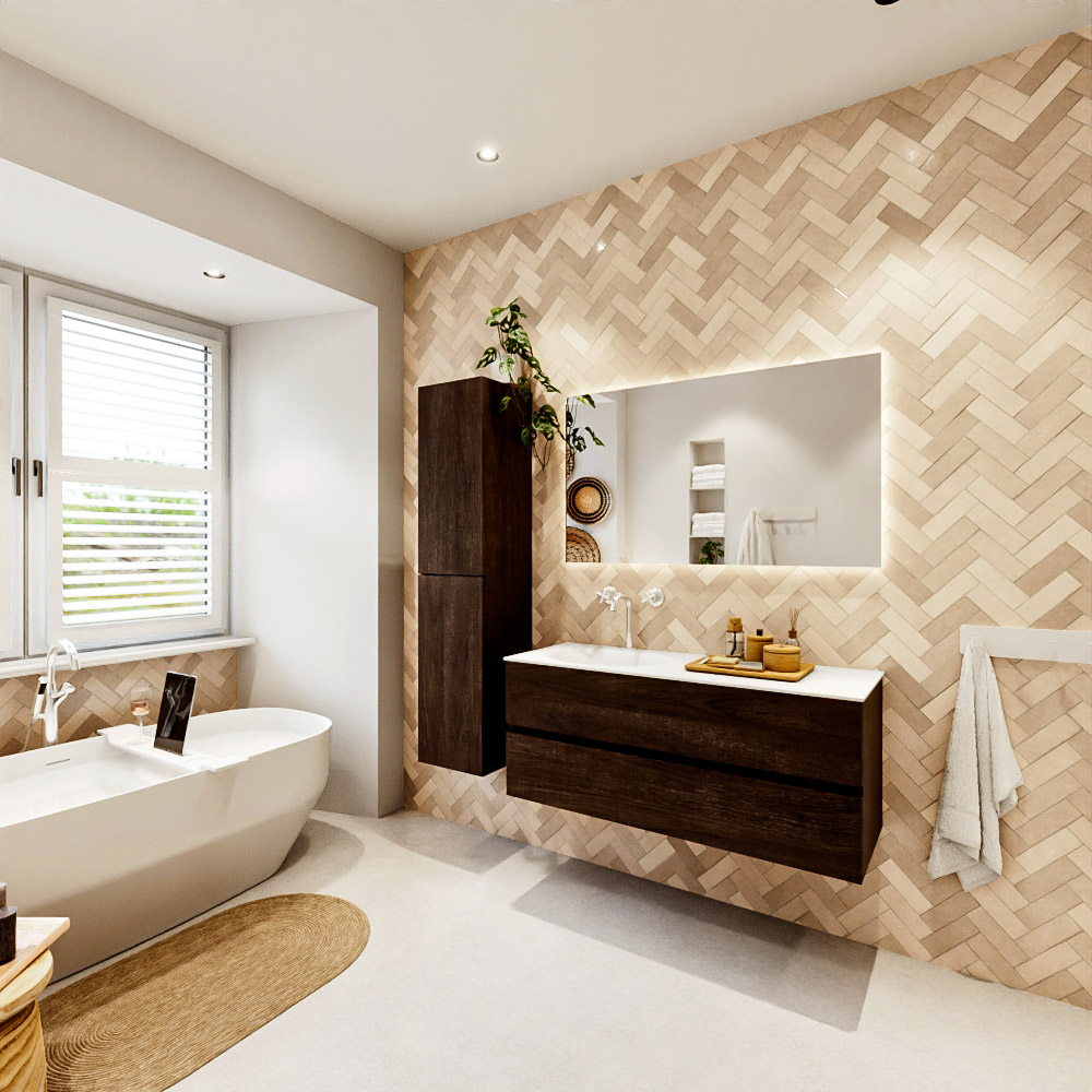 MONDIAZ VICA 120cm mueble de baño Dark Brown 2 cajones. Lavabo MOON Izquierda 1 orificio color Talc con espejo LED. 4 MONDIAZ VICA 120cm mueble de baño Dark Brown 2 cajones. Lavabo MOON Izquierda 1 orificio color Talc con espejo LED. - Imagen 4