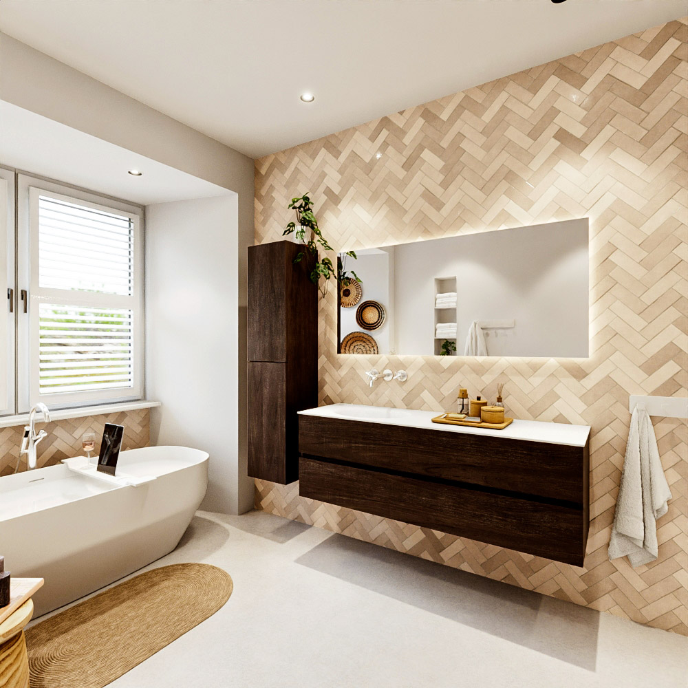 MONDIAZ VICA 150cm mueble de baño Dark Brown 2 cajones. Lavabo MOON Izquierda sin orificio color Talc con espejo LED. 4 MONDIAZ VICA 150cm mueble de baño Dark Brown 2 cajones. Lavabo MOON Izquierda sin orificio color Talc con espejo LED. - Imagen 4