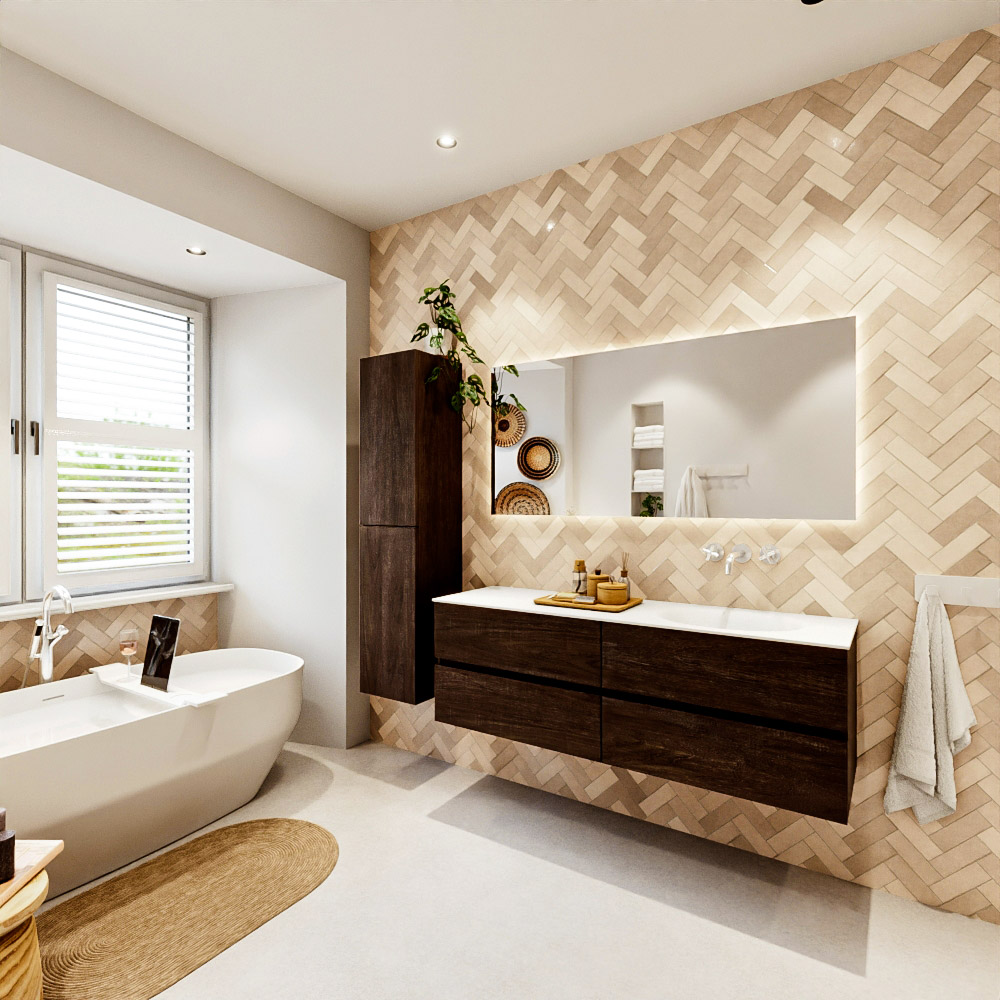 MONDIAZ VICA 150cm mueble de baño Dark Brown 4 cajones. Lavabo MOON Derecho sin orificio color Talc con espejo LED. 4 MONDIAZ VICA 150cm mueble de baño Dark Brown 4 cajones. Lavabo MOON Derecho sin orificio color Talc con espejo LED. - Imagen 4