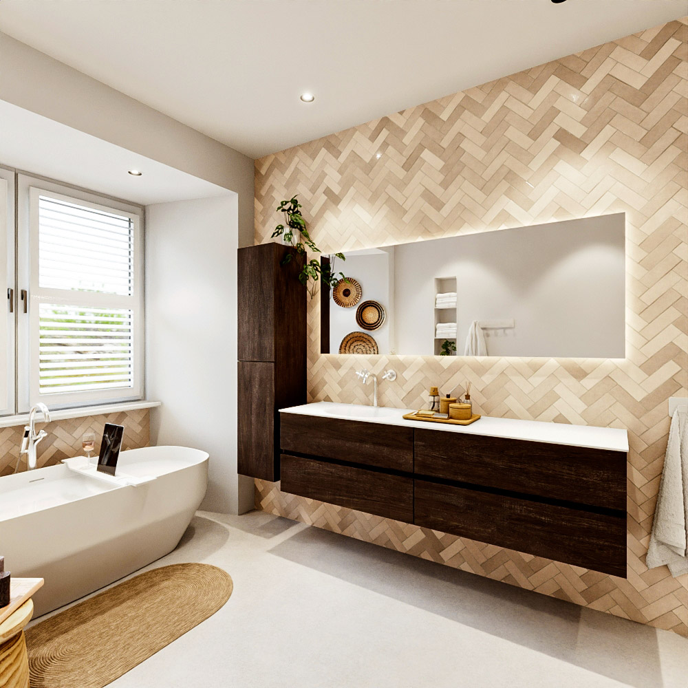 MONDIAZ VICA 180cm mueble de baño Dark Brown 4 cajones. Lavabo MOON Izquierda 1 orificio color Talc con espejo LED. 4 MONDIAZ VICA 180cm mueble de baño Dark Brown 4 cajones. Lavabo MOON Izquierda 1 orificio color Talc con espejo LED. - Imagen 4