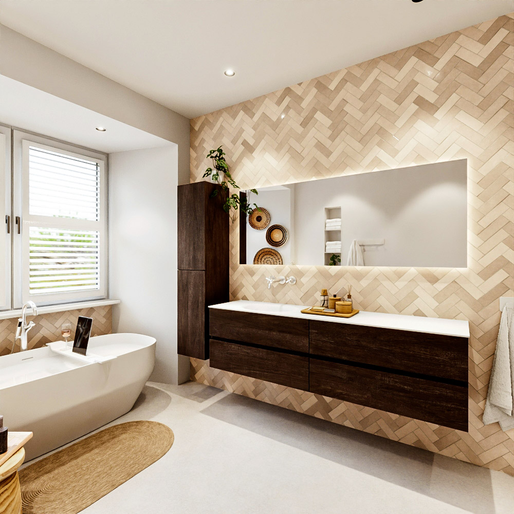 MONDIAZ VICA 180cm mueble de baño Dark Brown 4 cajones. Lavabo MOON Izquierda sin orificio color Talc con espejo LED. 4 MONDIAZ VICA 180cm mueble de baño Dark Brown 4 cajones. Lavabo MOON Izquierda sin orificio color Talc con espejo LED. - Imagen 4