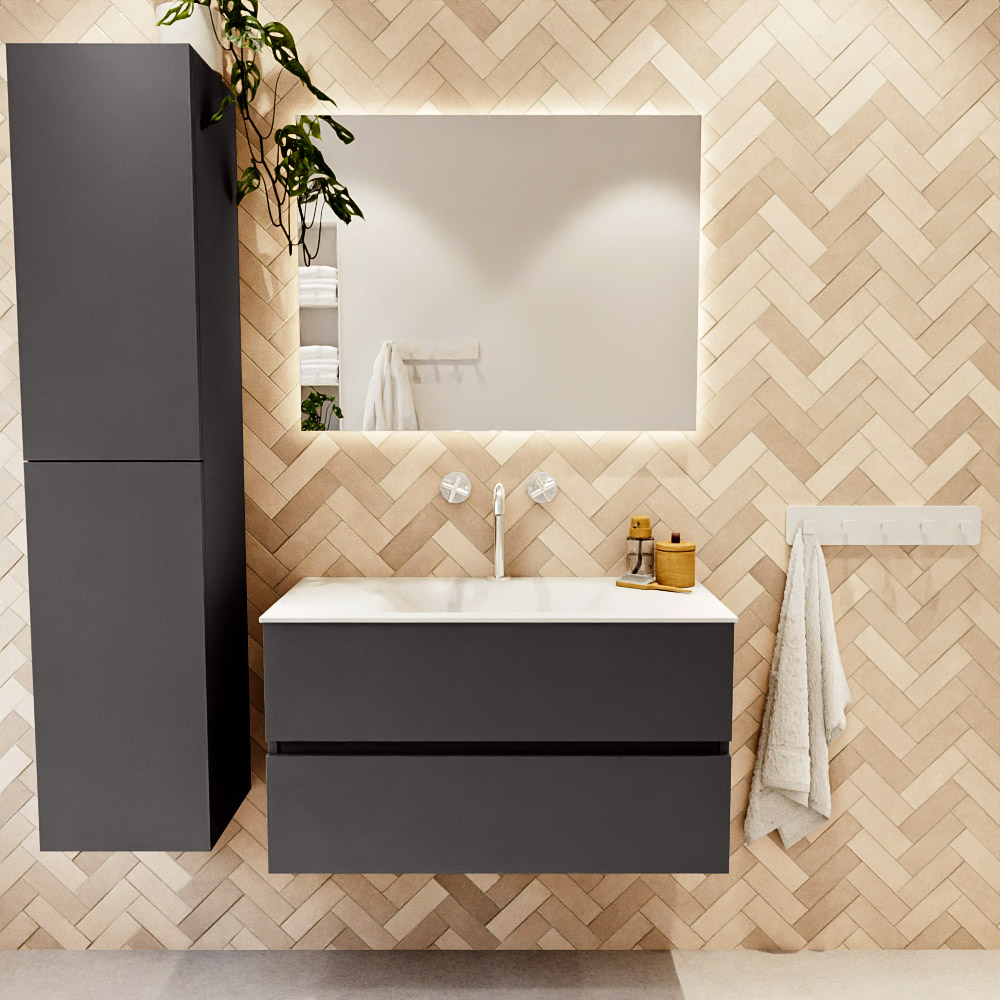 MONDIAZ VICA 90cm mueble de baño Dark Grey 2 cajones. Lavabo CLOUD Centro 1 orificio color Talc con espejo LED. 2 MONDIAZ VICA 90cm mueble de baño Dark Grey 2 cajones. Lavabo CLOUD Centro 1 orificio color Talc con espejo LED. - Imagen 2