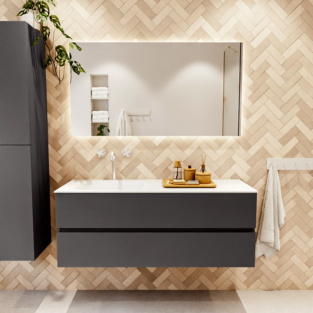 MONDIAZ VICA 130cm mueble de baño Dark Grey 2 cajones. Lavabo CLOUD Izquierda 1 orificio color Talc con espejo LED. 2 MONDIAZ VICA 130cm mueble de baño Dark Grey 2 cajones. Lavabo CLOUD Izquierda 1 orificio color Talc con espejo LED. - Imagen 2