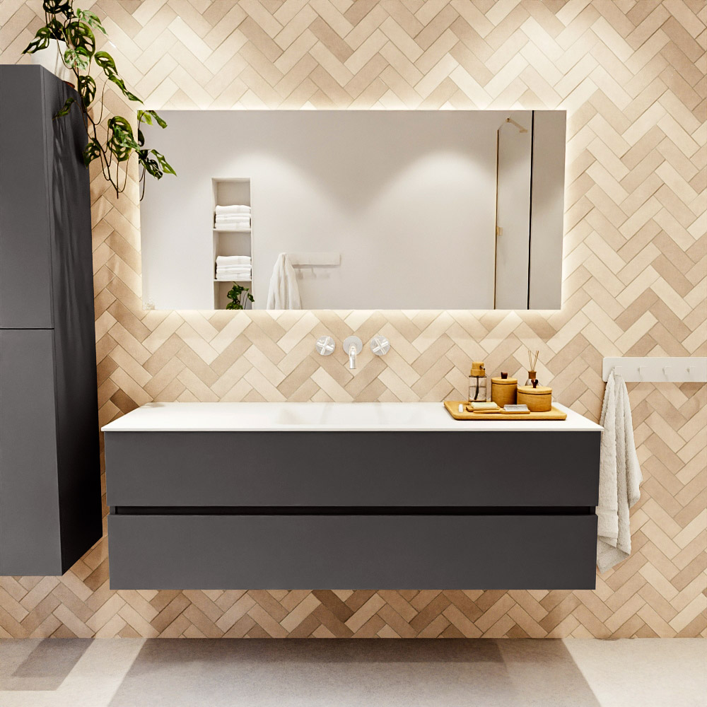 MONDIAZ VICA 150cm mueble de baño Dark Grey 2 cajones. Lavabo CLOUD Centro sin orificio color Talc con espejo LED. 2 MONDIAZ VICA 150cm mueble de baño Dark Grey 2 cajones. Lavabo CLOUD Centro sin orificio color Talc con espejo LED. - Imagen 2