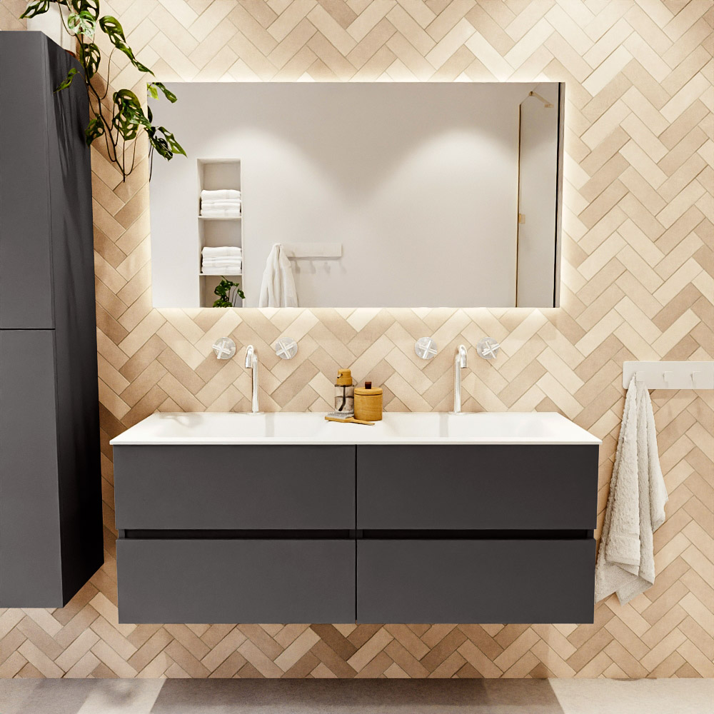 MONDIAZ VICA 130cm mueble de baño Dark Grey 4 cajones. Lavabo CLOUD Doble 2 orificios color Talc con espejo LED. 2 MONDIAZ VICA 130cm mueble de baño Dark Grey 4 cajones. Lavabo CLOUD Doble 2 orificios color Talc con espejo LED. - Imagen 2