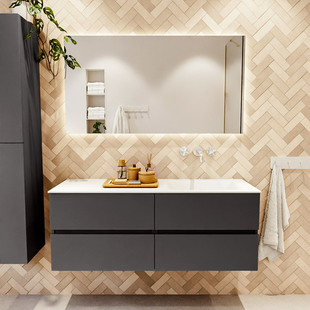 MONDIAZ VICA 130cm mueble de baño Dark Grey 4 cajones. Lavabo CLOUD Derecho sin orificio color Talc con espejo LED. 2 MONDIAZ VICA 130cm mueble de baño Dark Grey 4 cajones. Lavabo CLOUD Derecho sin orificio color Talc con espejo LED. - Imagen 2