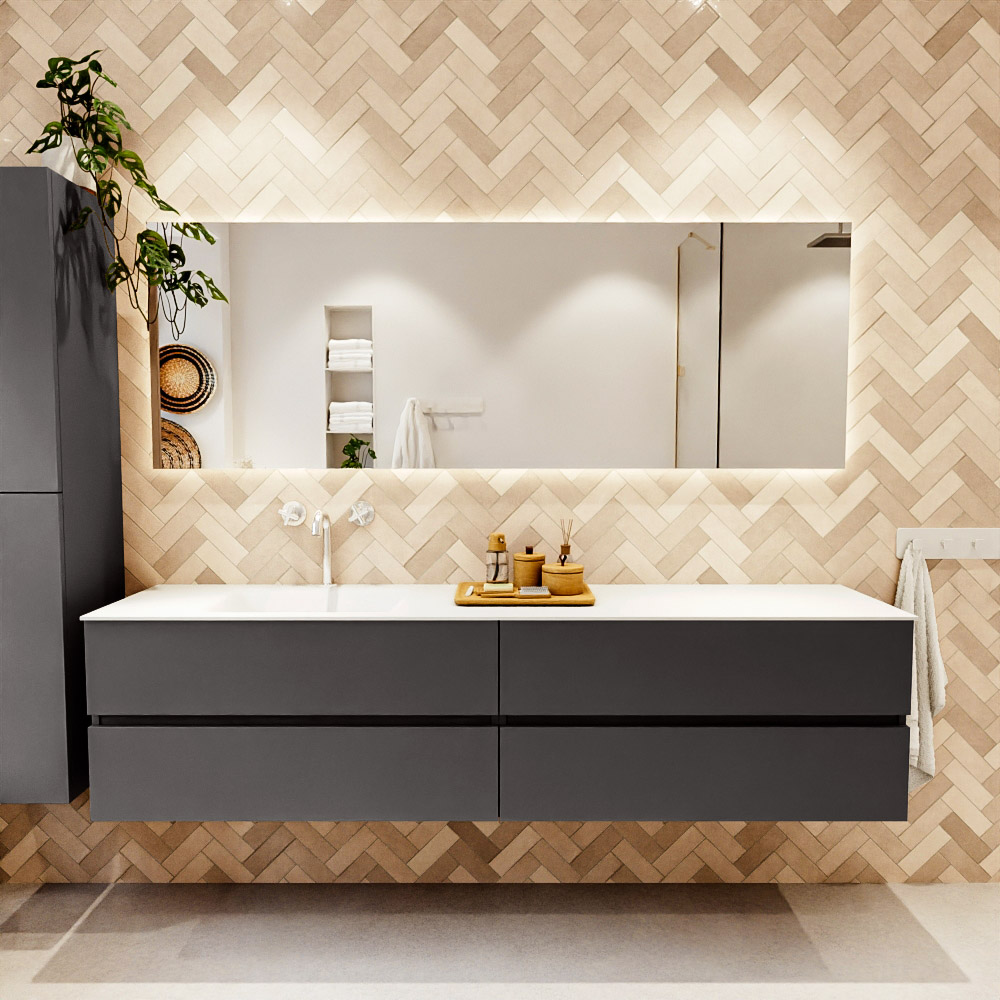 MONDIAZ VICA 200cm mueble de baño Dark Grey 4 cajones. Lavabo CLOUD Izquierda 1 orificio color Talc con espejo LED. 2 MONDIAZ VICA 200cm mueble de baño Dark Grey 4 cajones. Lavabo CLOUD Izquierda 1 orificio color Talc con espejo LED. - Imagen 2