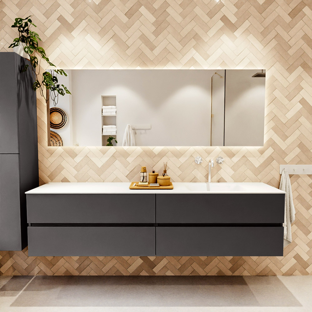 MONDIAZ VICA 200cm mueble de baño Dark Grey 4 cajones. Lavabo CLOUD Derecho 1 orificio color Talc con espejo LED. 2 MONDIAZ VICA 200cm mueble de baño Dark Grey 4 cajones. Lavabo CLOUD Derecho 1 orificio color Talc con espejo LED. - Imagen 2
