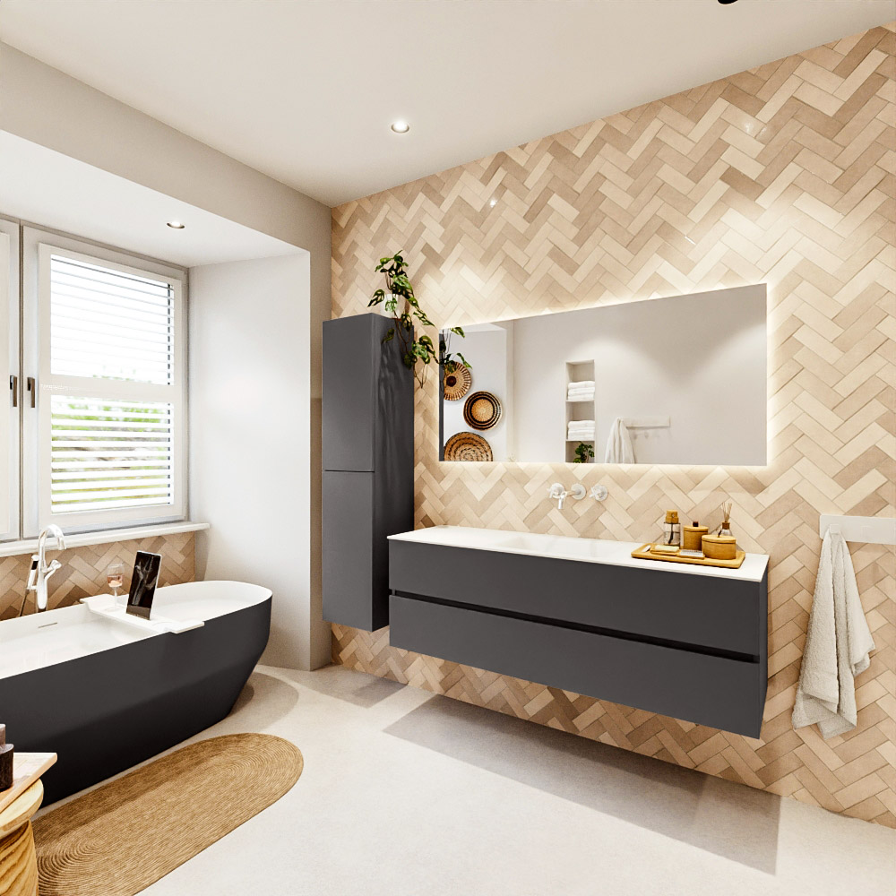 MONDIAZ VICA 150cm mueble de baño Dark Grey 2 cajones. Lavabo CLOUD Centro sin orificio color Talc con espejo LED. 4 MONDIAZ VICA 150cm mueble de baño Dark Grey 2 cajones. Lavabo CLOUD Centro sin orificio color Talc con espejo LED. - Imagen 4