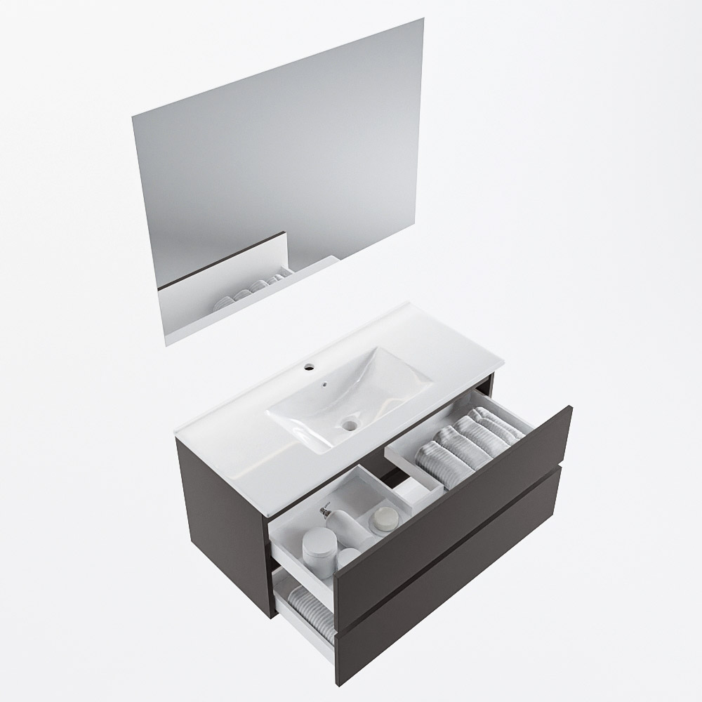 MONDIAZ VICA 100cm mueble de baño Dark Grey 2 cajones. Lavabo DENIA Centro 1 orificio color Blanco brillo con espejo LED. 7 MONDIAZ VICA 100cm mueble de baño Dark Grey 2 cajones. Lavabo DENIA Centro 1 orificio color Blanco brillo con espejo LED. - Imagen 7