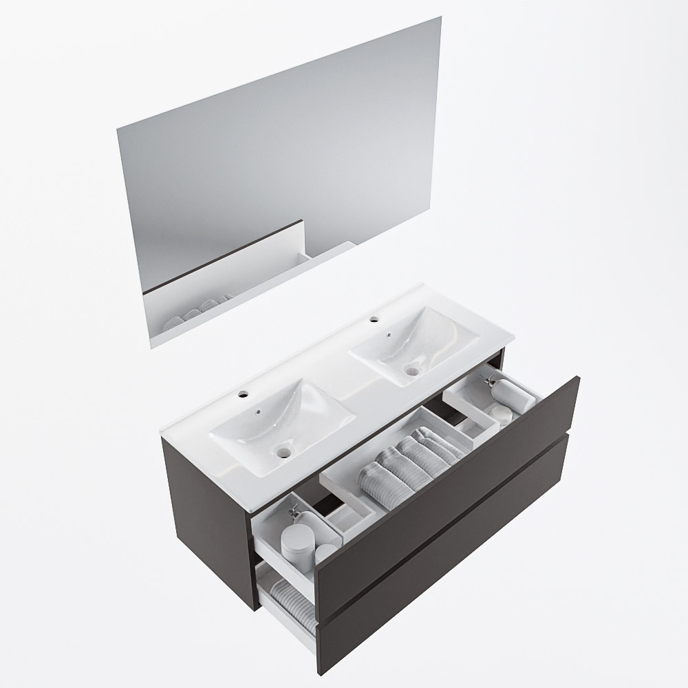 MONDIAZ VICA 120cm mueble de baño Dark Grey 2 cajones. Lavabo DENIA Doble 2 orificios color Blanco brillo con espejo LED. 7 MONDIAZ VICA 120cm mueble de baño Dark Grey 2 cajones. Lavabo DENIA Doble 2 orificios color Blanco brillo con espejo LED. - Imagen 7