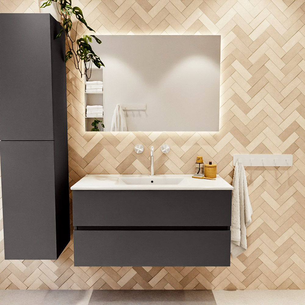 MONDIAZ VICA 100cm mueble de baño Dark Grey 2 cajones. Lavabo DENIA Centro 1 orificio color Blanco brillo con espejo LED. 2 MONDIAZ VICA 100cm mueble de baño Dark Grey 2 cajones. Lavabo DENIA Centro 1 orificio color Blanco brillo con espejo LED. - Imagen 2