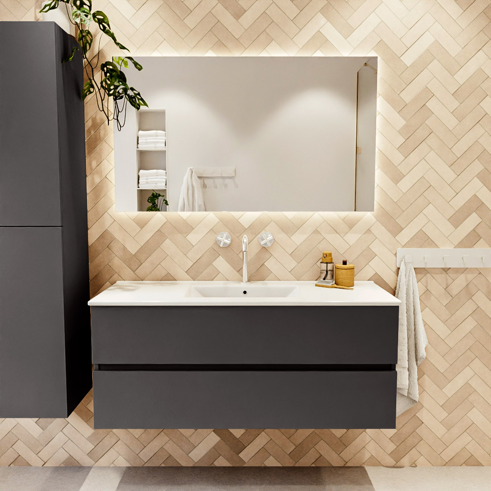 MONDIAZ VICA 120cm mueble de baño Dark Grey 2 cajones. Lavabo DENIA Centro 1 orificio color Blanco brillo con espejo LED. 2 MONDIAZ VICA 120cm mueble de baño Dark Grey 2 cajones. Lavabo DENIA Centro 1 orificio color Blanco brillo con espejo LED. - Imagen 2